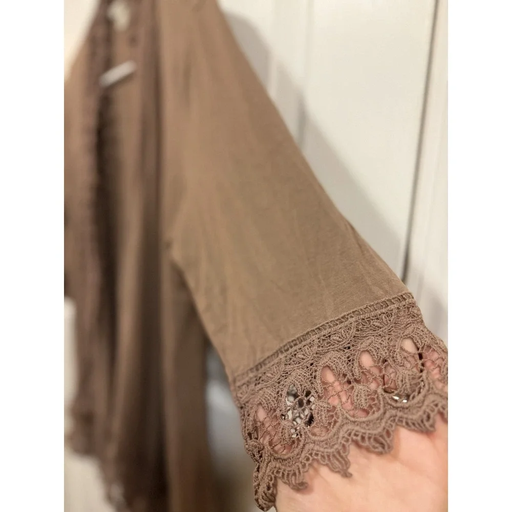 Fever Womens Mocha Brown Crochet Lace‎ Trim Open Front Cardigan 3/4 Sleeve Large